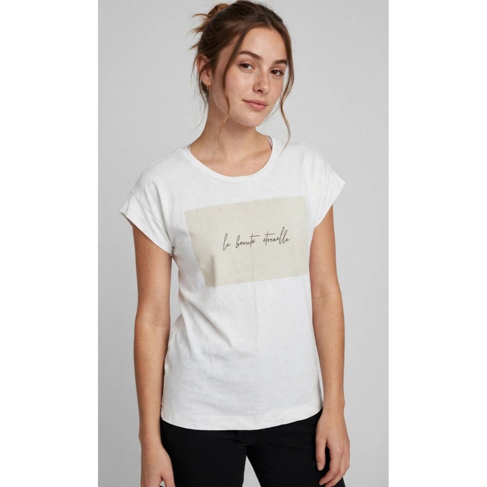 Massimo Dutti Womens White Graphic Tee S Short Sleeve Scoop Neck La Beaute T Shi
